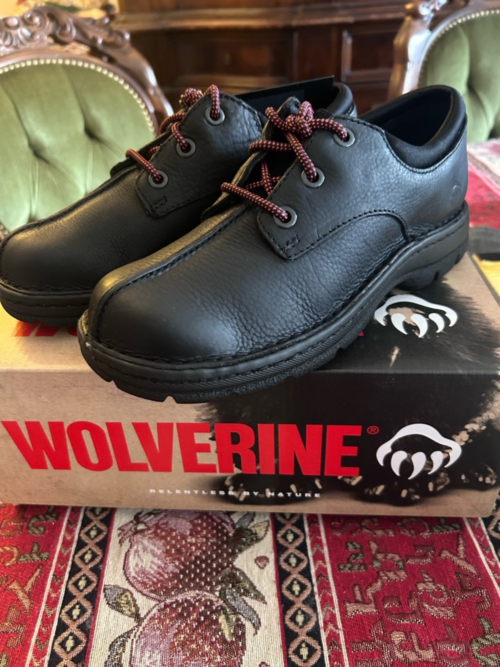 Wolverine Black Leather Work Shoes with Red-Brown Laces
